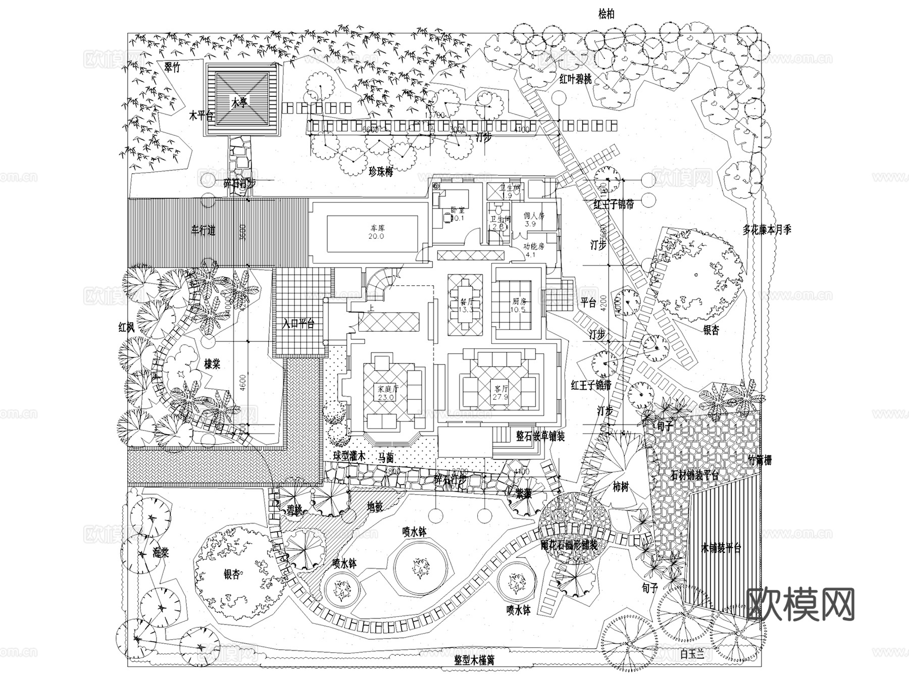 别墅庭院花园屋顶花园景观植物绿化平面CAD施工图集 46套cad施工图