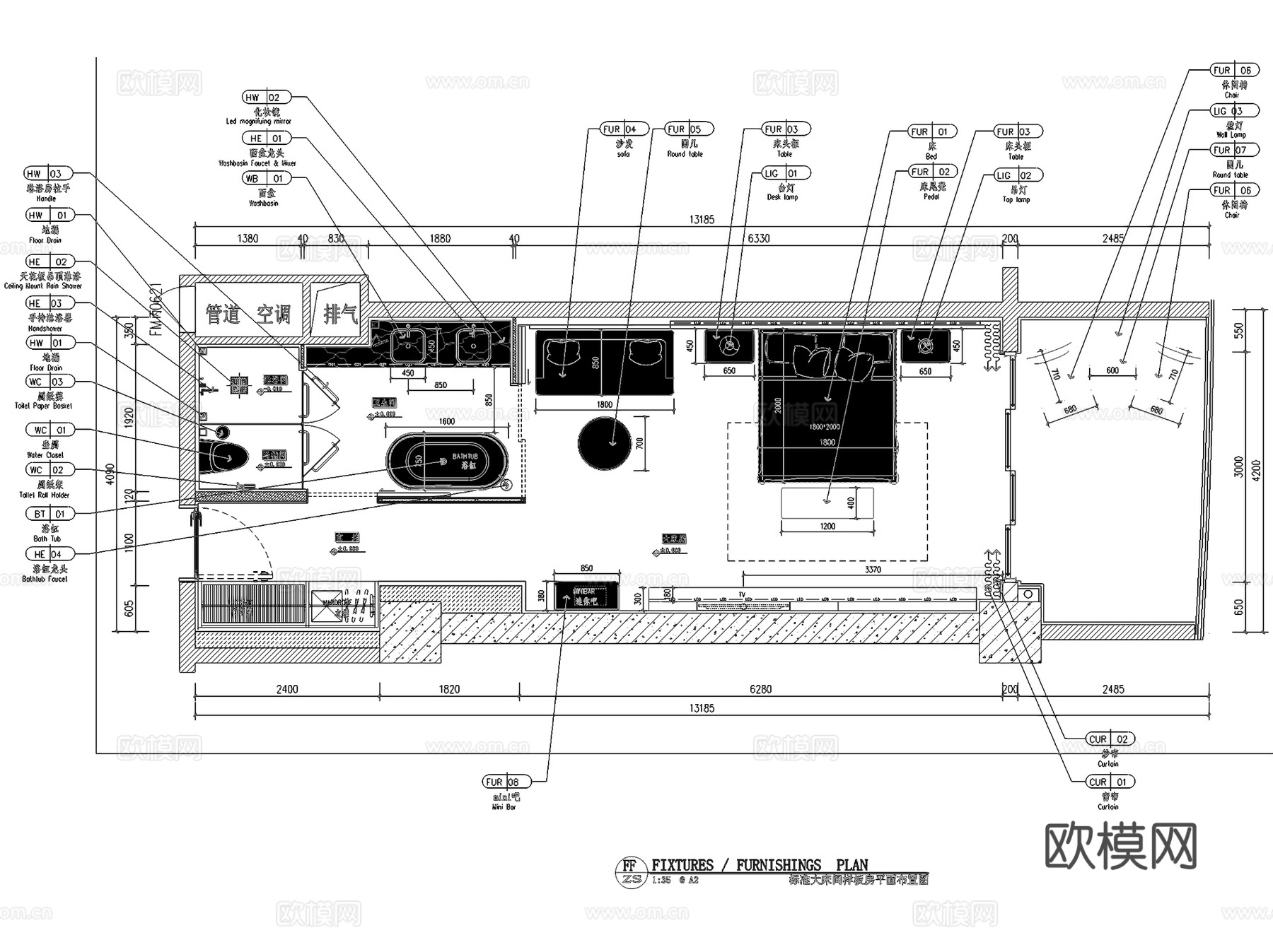 抚仙湖莎梅温德姆花园酒店客房大床房双床房套房样板间室内工装Ccad施工图下载（渲染图3）