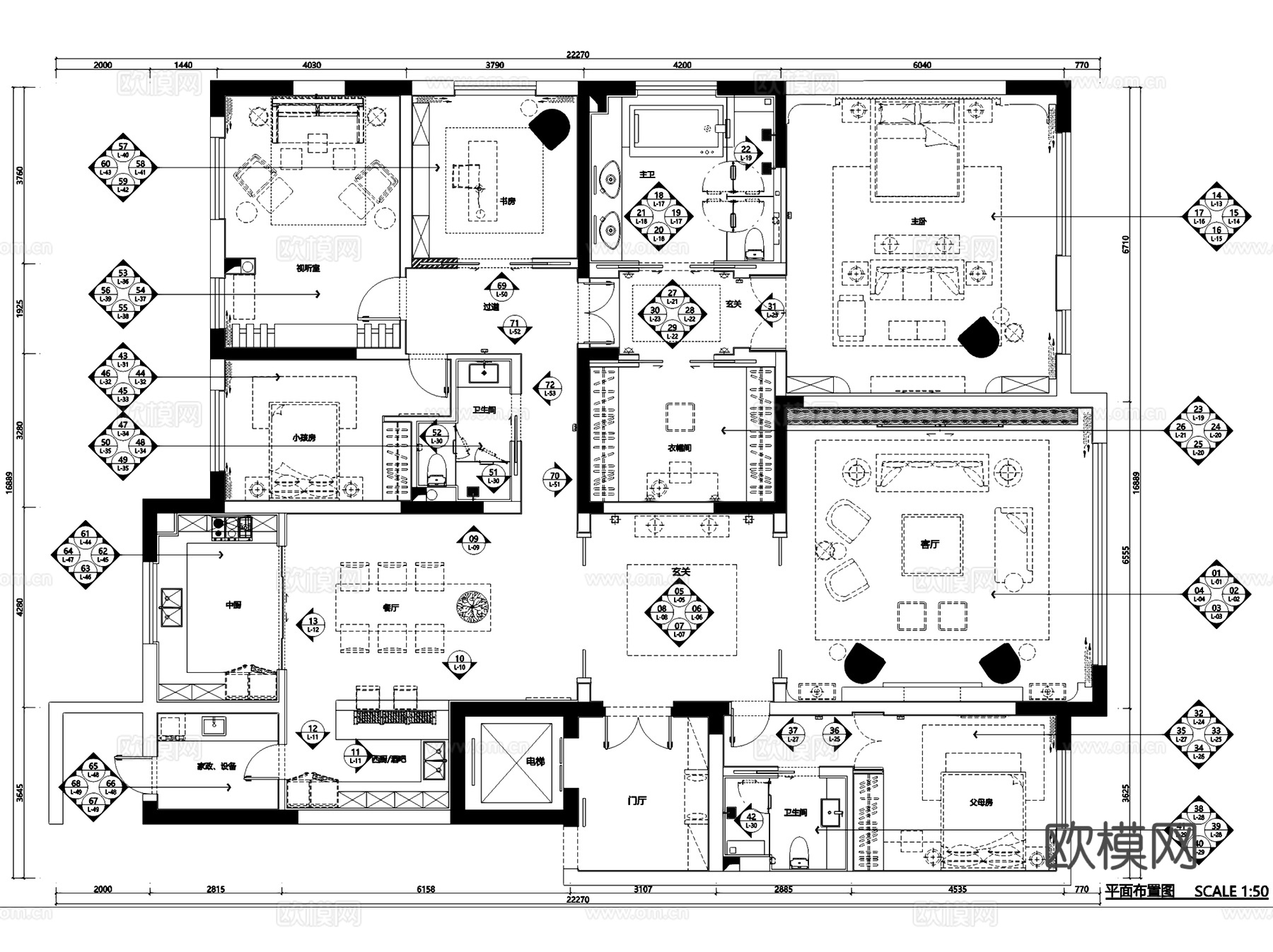 安宁乾泰世贸广场HG-3户型大平层室内家装CAD施工图整套cad施工图