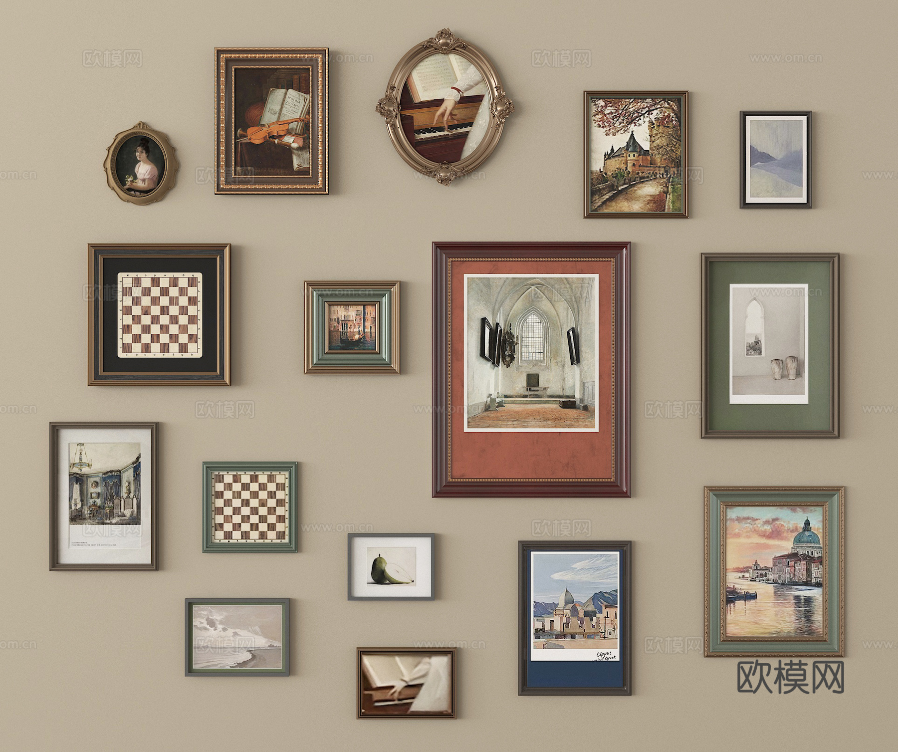 美式挂画组合 装饰挂su模型