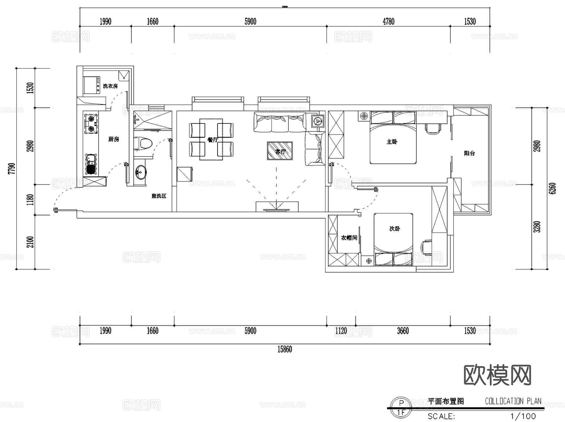地中海风两室两厅一卫室内家装CAD施工图cad施工图