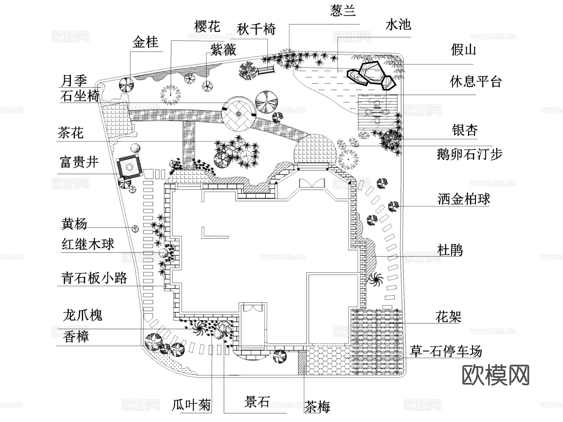 别墅庭院花园屋顶花园景观植物绿化平面CAD施工图集 46套cad施工图