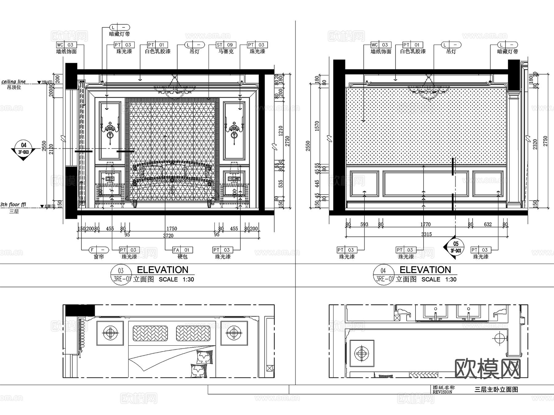 保亿风景水岸E2户型欧式三层联排别墅室内家装CAD施工图整套cad施工图