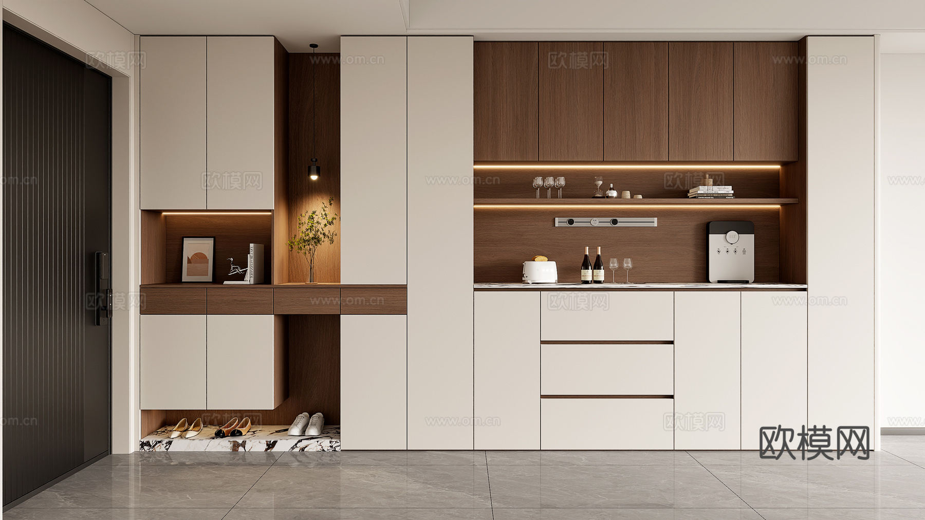 现代入户玄关鞋柜 鞋柜餐边柜一体 鞋柜酒柜 茶水柜 备餐柜su模型