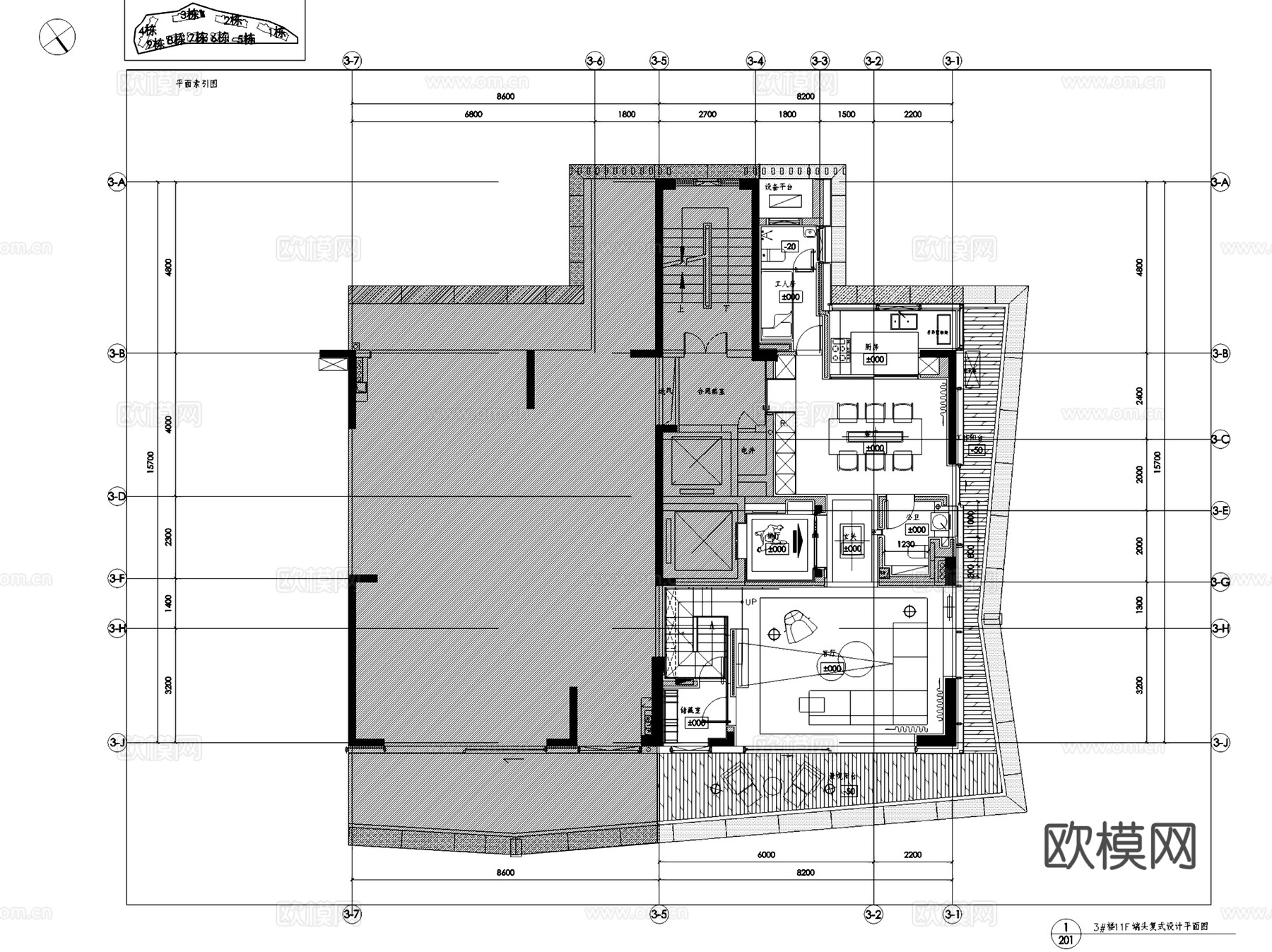 汉京半山公馆3#楼1单元端头A户型中式复式室内家装CADcad施工图