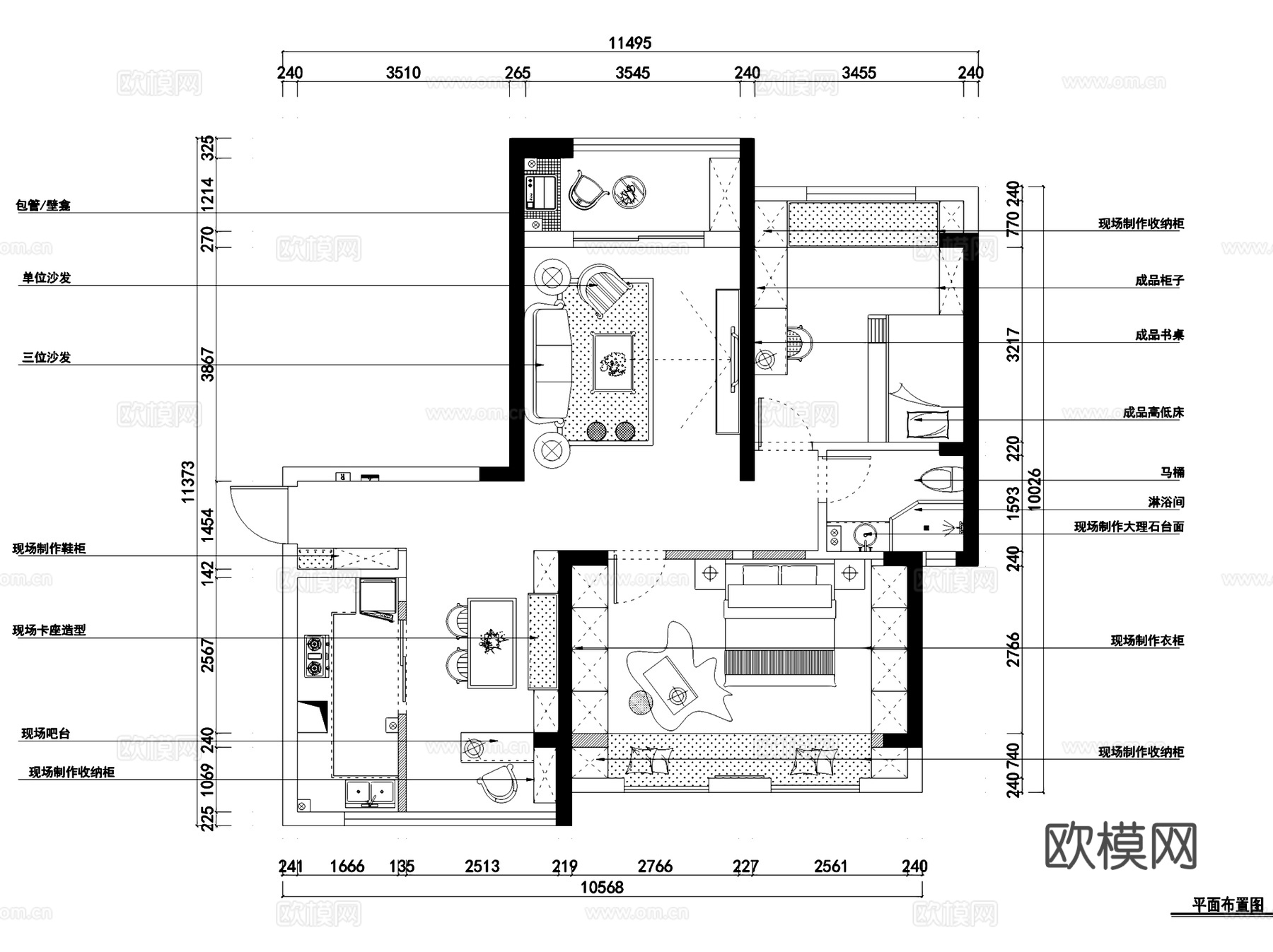 海赋江城天韵私宅两室两厅室内家装CAD施工图cad施工图