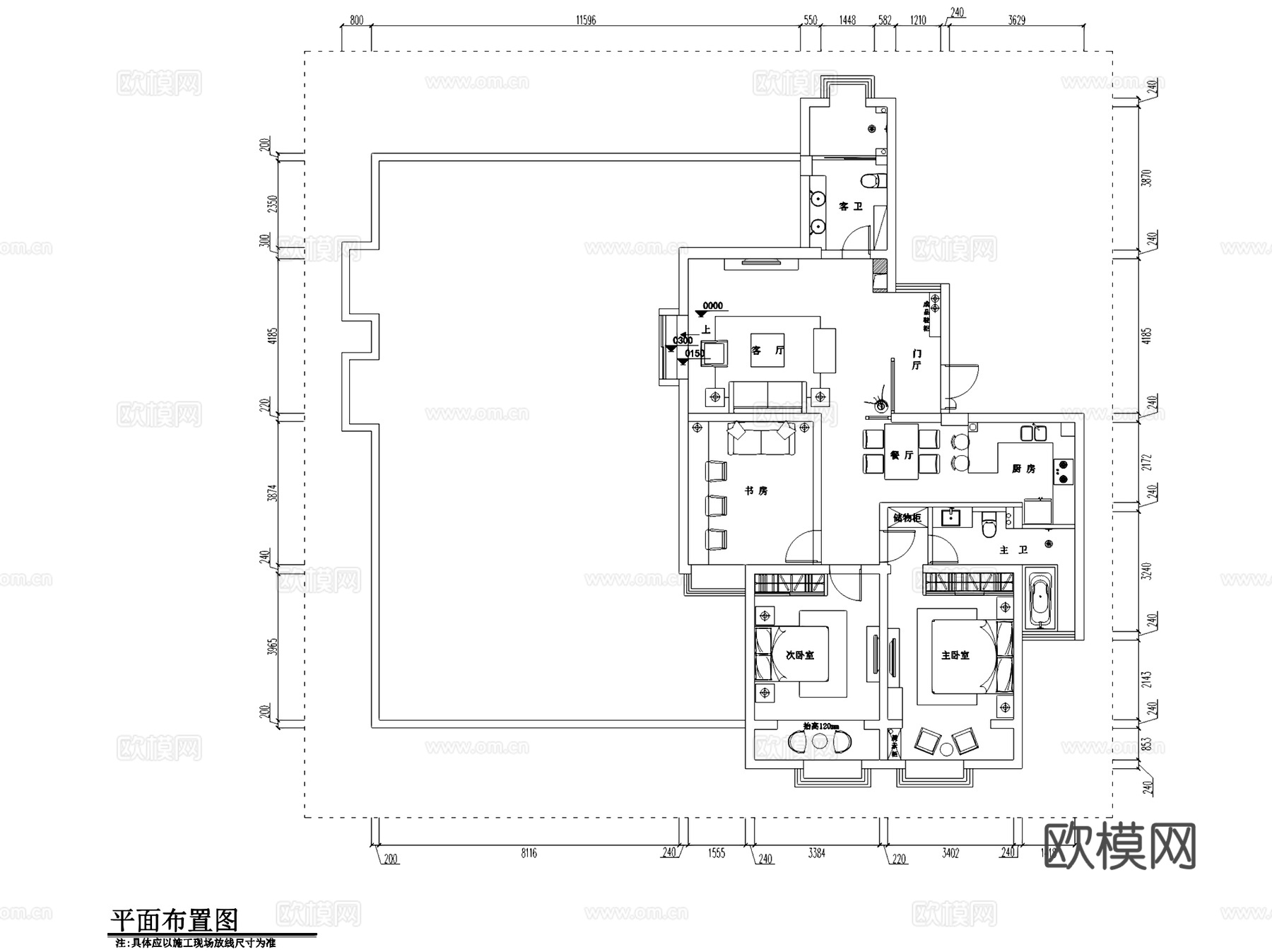 毫州现代三室两厅两卫室内家装CAD施工图cad施工图