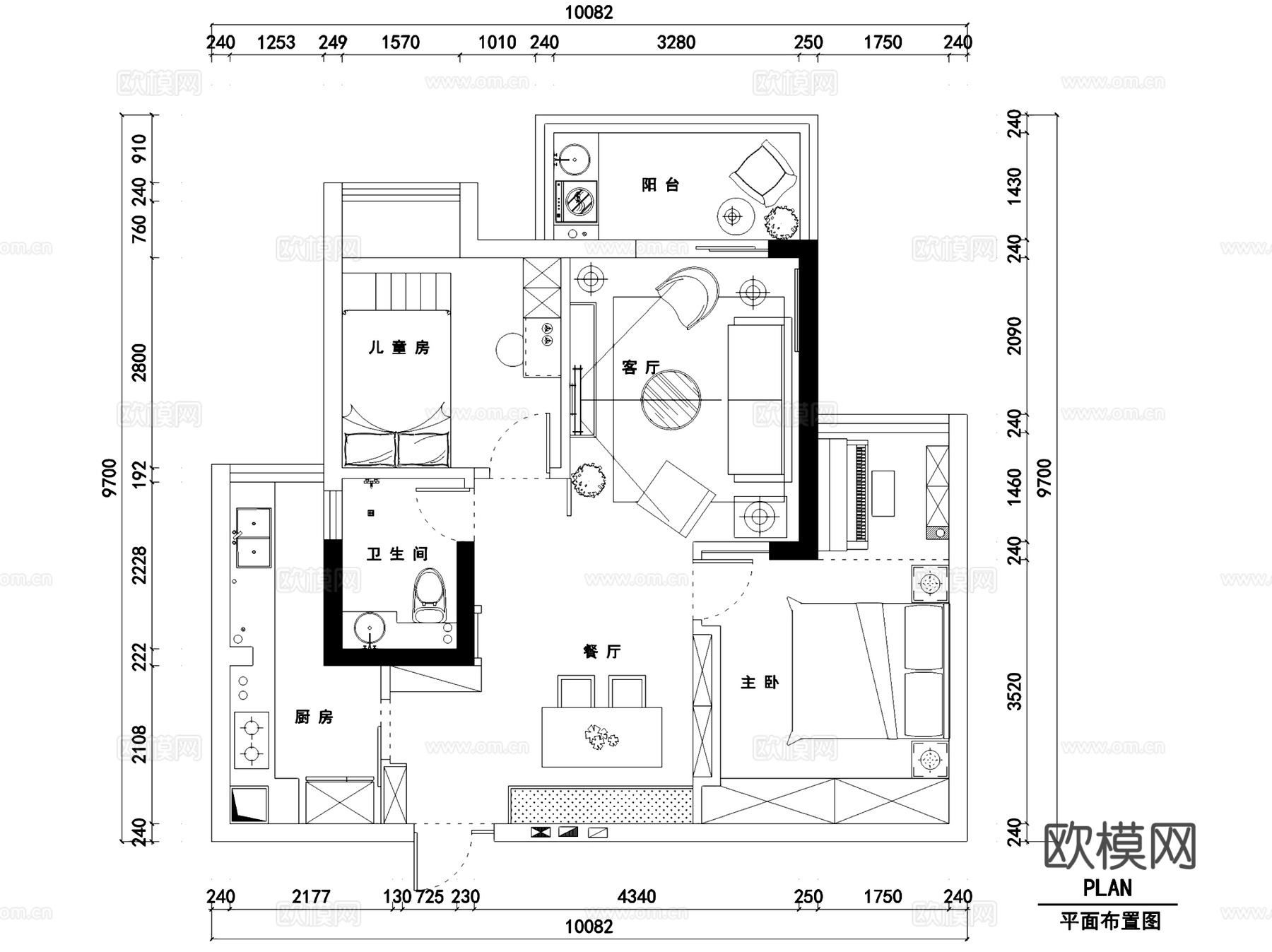 翰林珑城两室两厅一卫室内家装CAD施工图cad施工图
