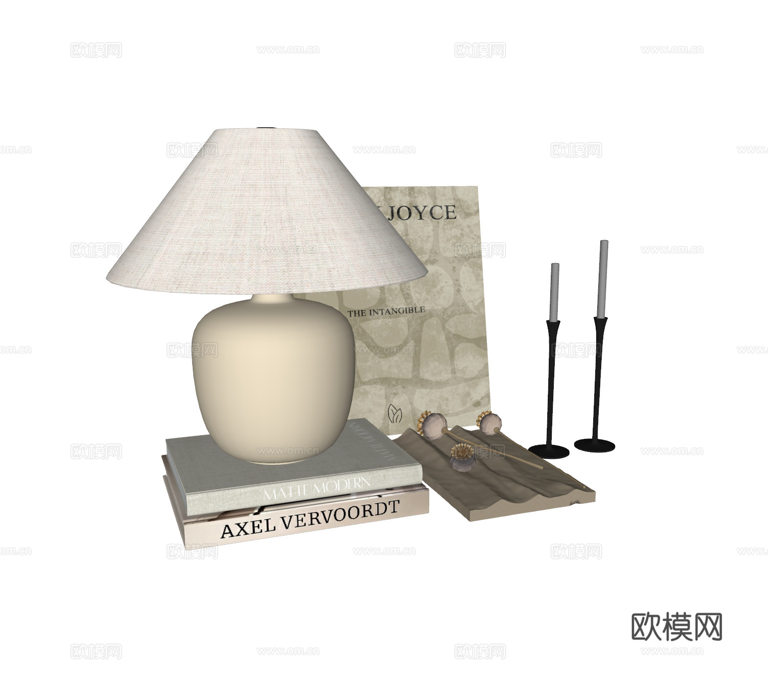 现代奶油风摆件组合 台灯 书籍 蜡烛 桌面装饰组合su模型