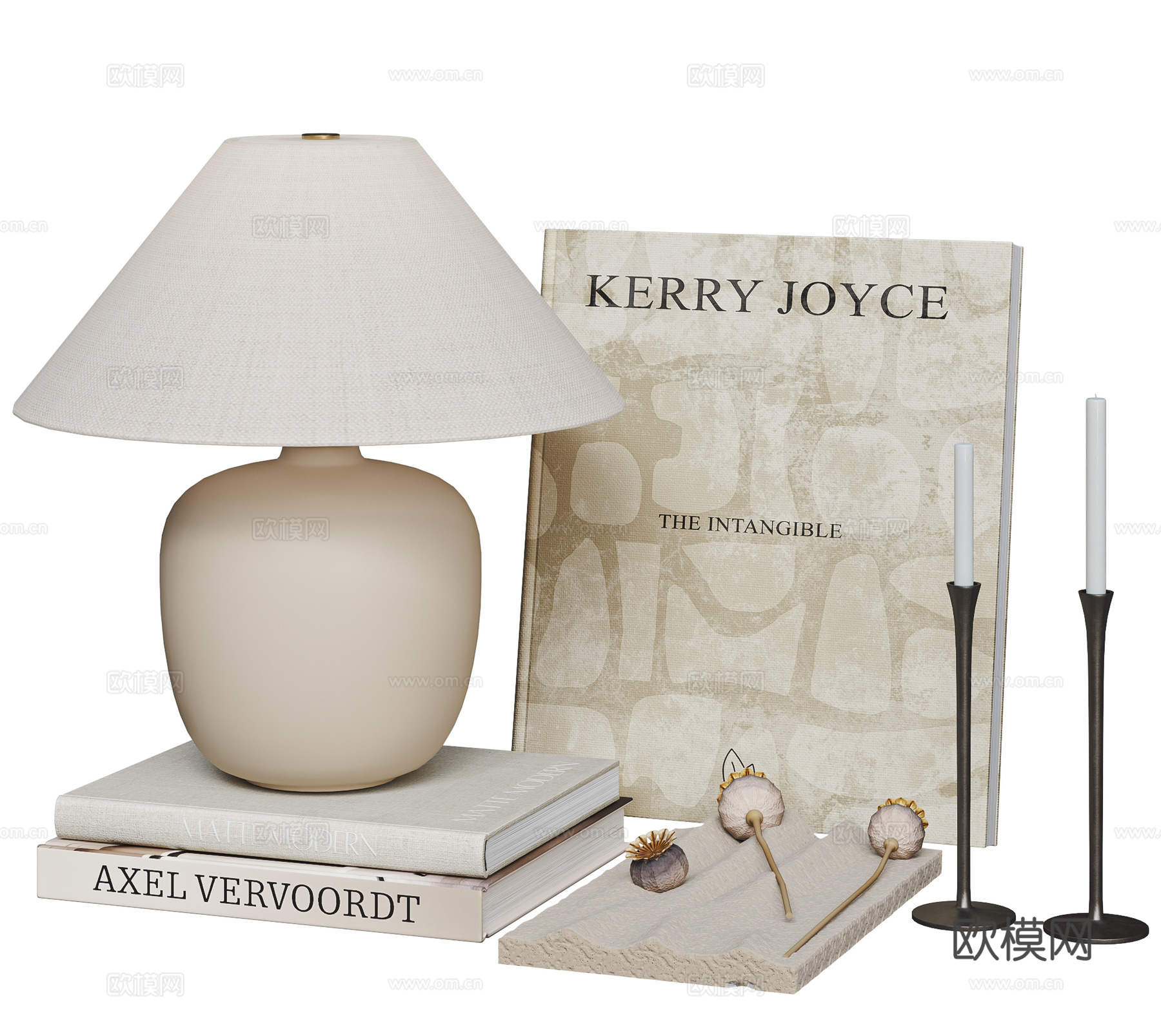 现代奶油风摆件组合 台灯 书籍 蜡烛 桌面装饰组合su模型