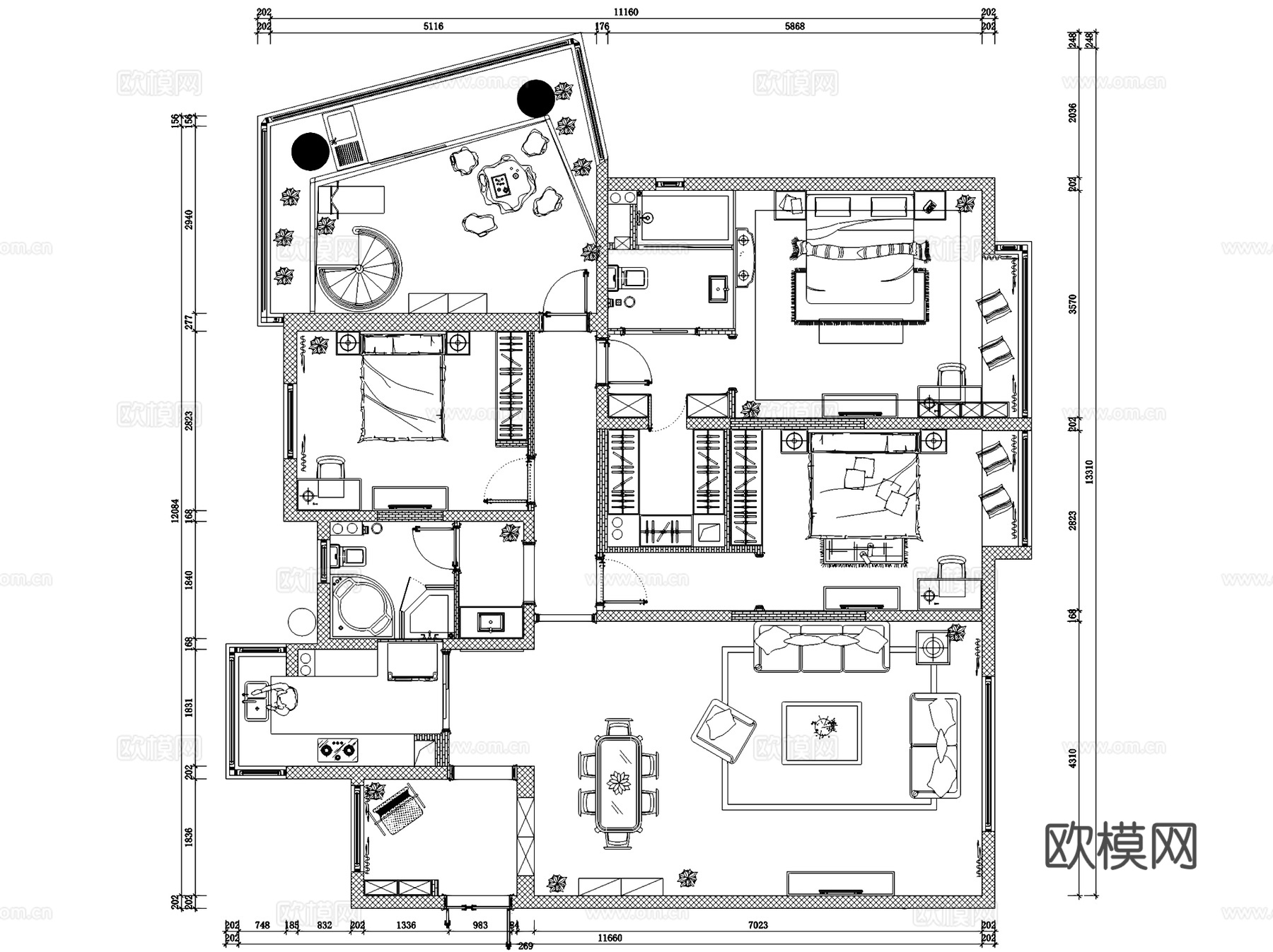 揽月苑6#201三室两厅两卫室内家装CAD施工图+3Dmaxcad施工图