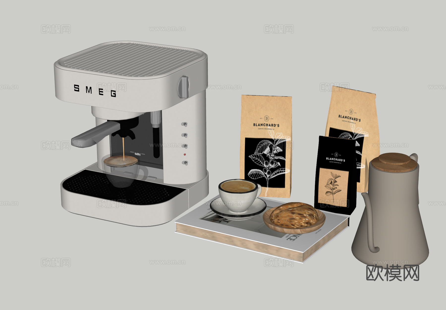 SMEG现代咖啡机 咖啡粉 手冲壶 咖啡杯 咖啡角su模型