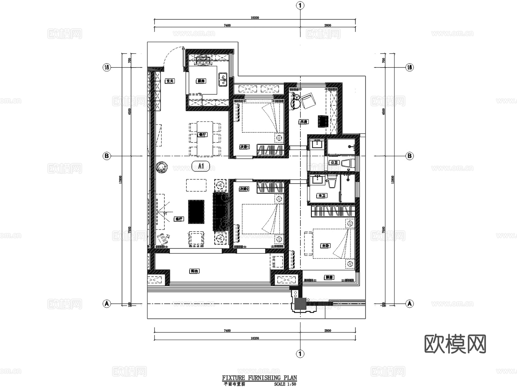 海鸿鄄州府样板房A1户型新中式室内家装CAD施工图整套cad施工图