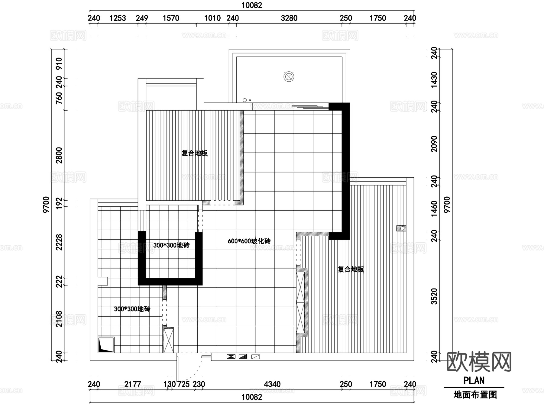 翰林珑城两室两厅一卫室内家装CAD施工图cad施工图