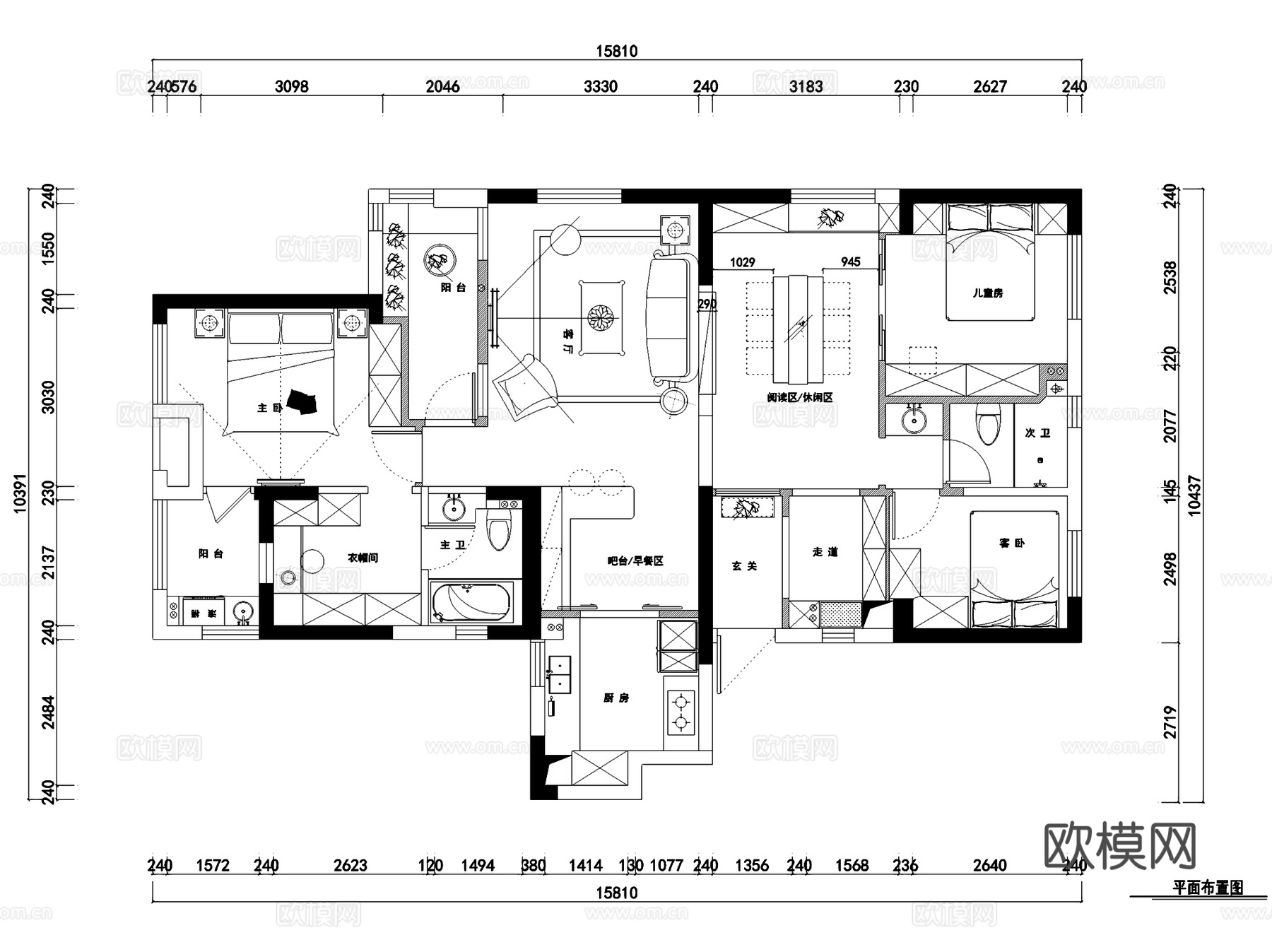 国际百纳三室两厅两卫私宅雅居室内家装CAD施工图cad施工图