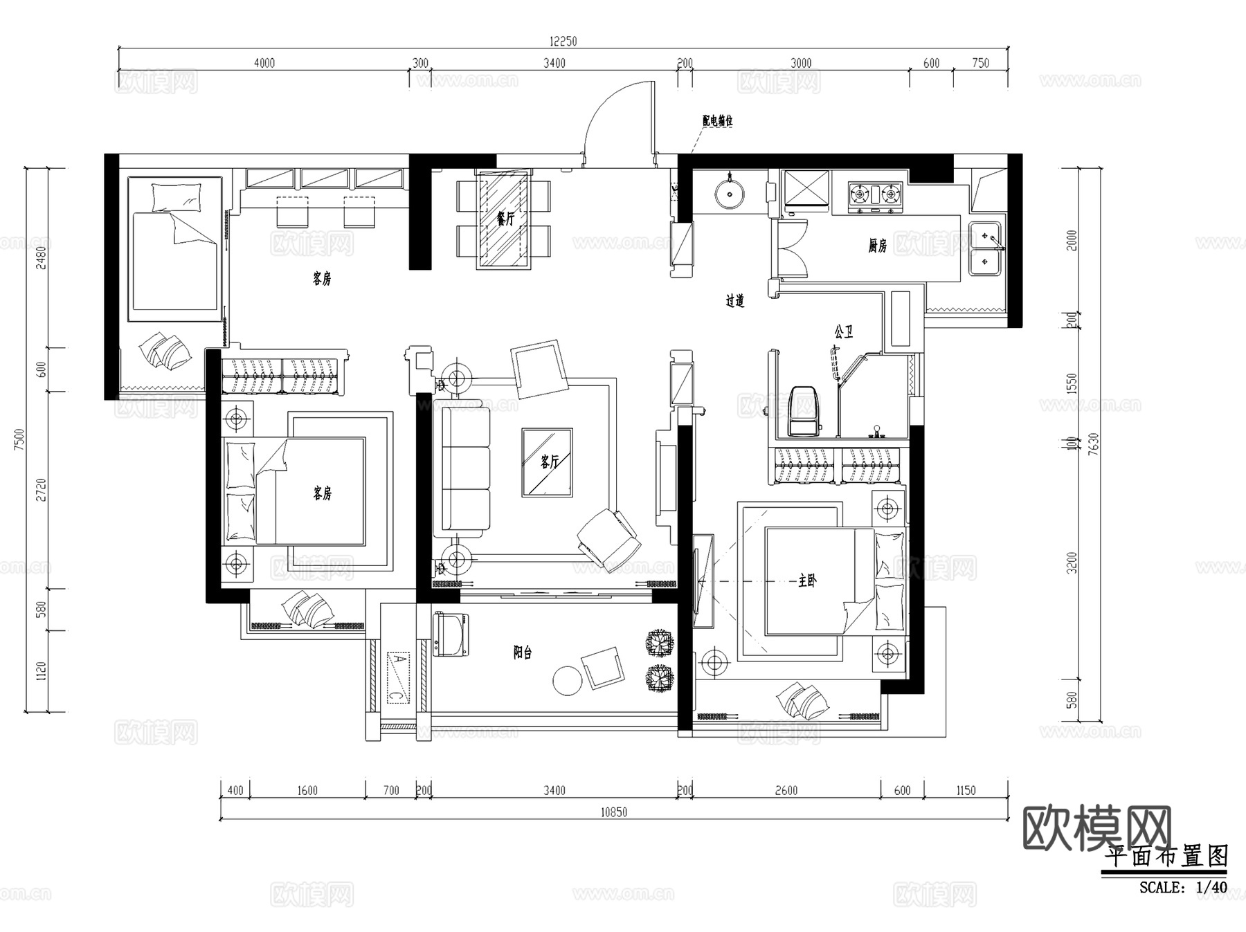 东部现代城花园36#A户型地中海风格样板房室内家装施工图cad施工图