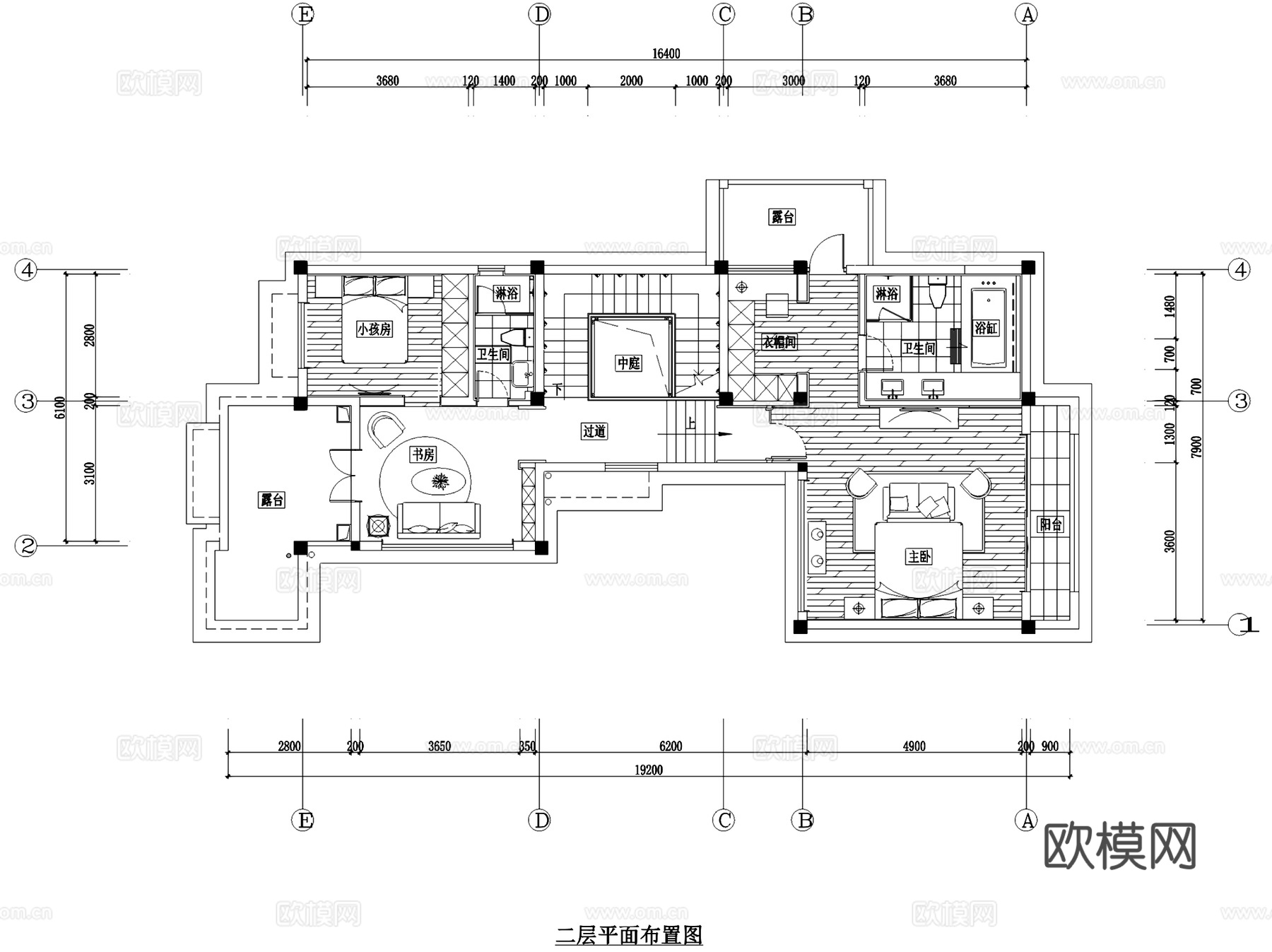 贵谷16#04A5户型二层别墅样板房室内家装CAD施工图cad施工图