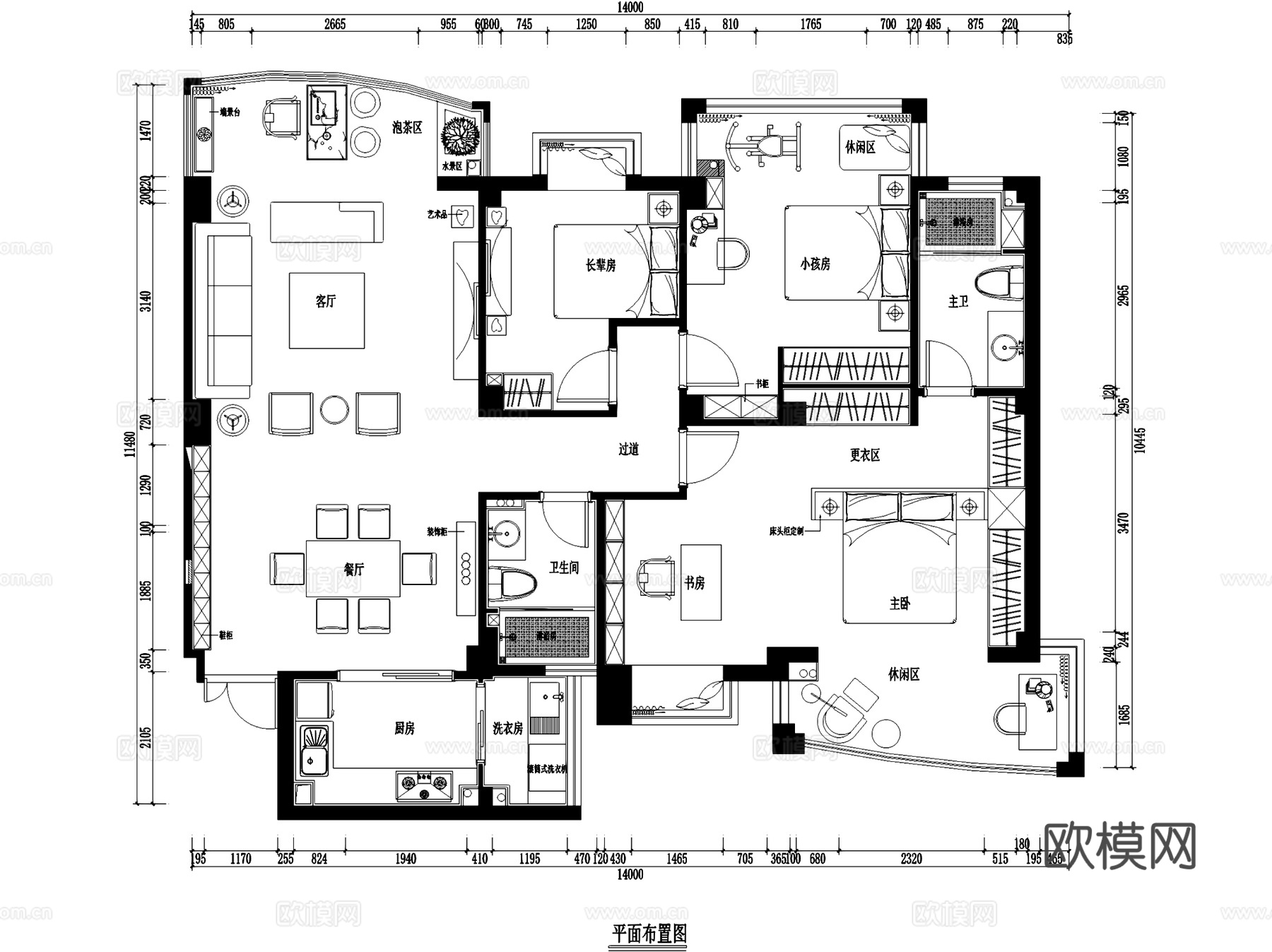 富贵天城201室三室两厅两卫室内家装CAD施工图cad施工图