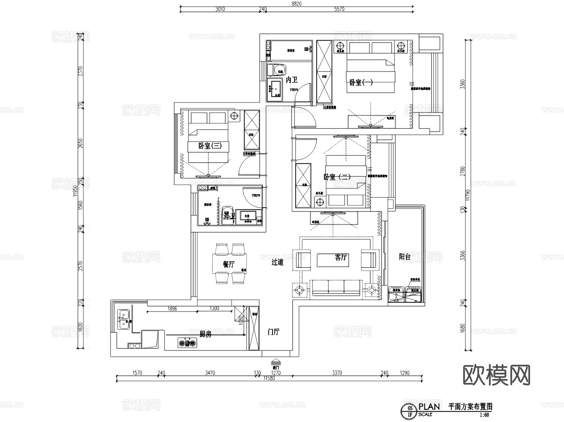 叠翠峰5-1204美式三室两厅两卫室内家装CAD施工图cad施工图