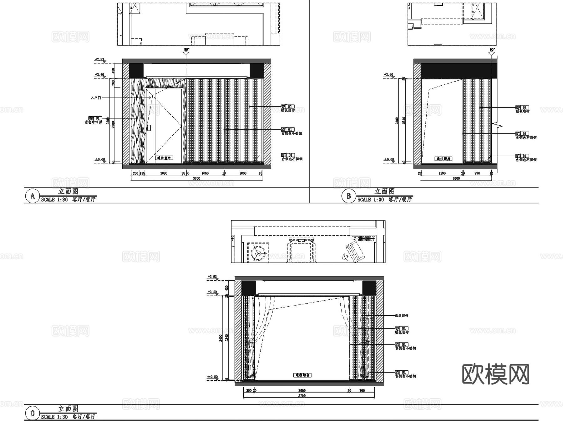 海鸿鄄州府样板房A1户型新中式室内家装CAD施工图整套cad施工图