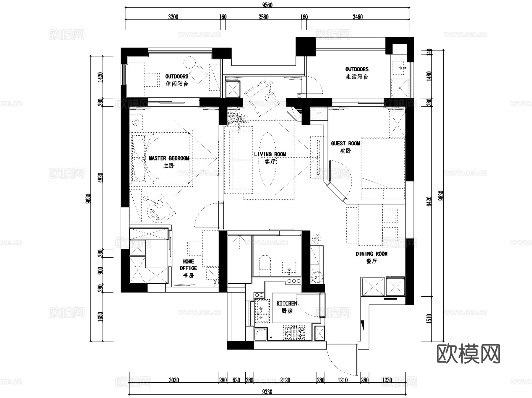杭州德圣博奥城北欧风5-2-2102室内家装CAD施工图cad施工图