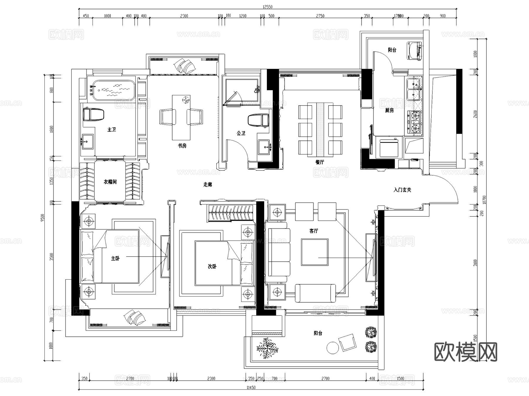 东部现代城花园36栋B户型样板房室内家装+3Dmax模型cad施工图