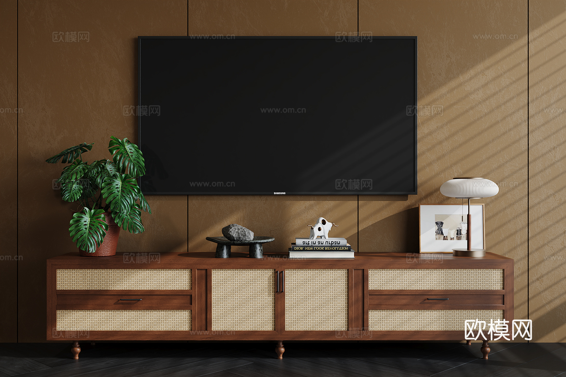 侘寂中古风电视柜 花瓶花艺摆件 电视机 台灯 木地板3d模型下载