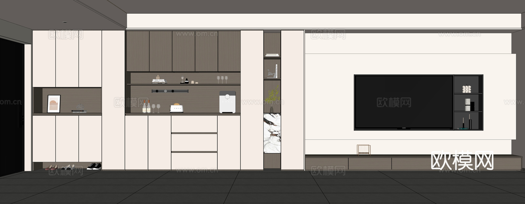现代家居客厅电视墙  鞋柜餐边柜电视墙一体  入户鞋柜餐边柜su模型