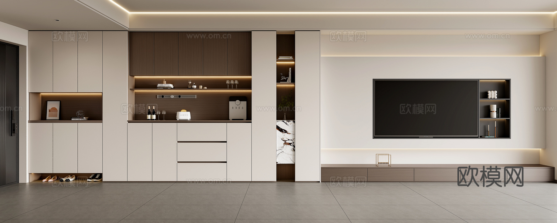 现代家居客厅电视墙  鞋柜餐边柜电视墙一体  入户鞋柜餐边柜su模型