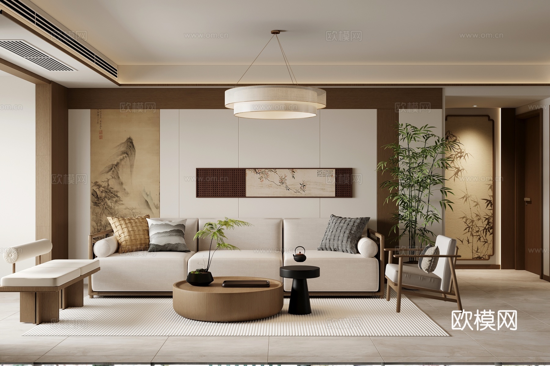 宋氏客厅 宋氏背景墙 电视墙3d模型下载（渲染图1）