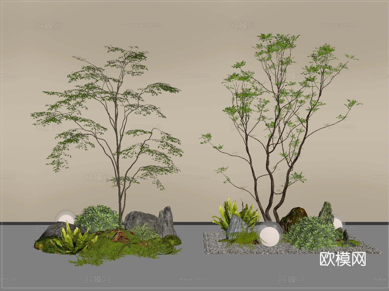现代庭院小品 室内景观 植物组合 庭院景观 景观树 石头su模型