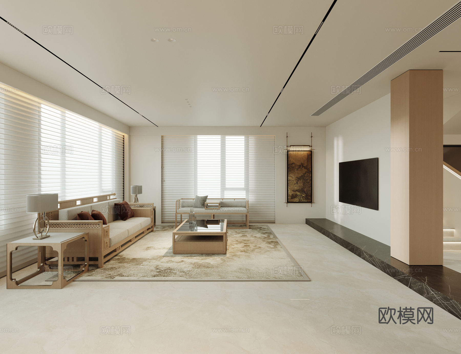 极简中式别墅客餐厅 茶室 楼梯扶手 木质圆形餐桌 木质沙发茶su模型