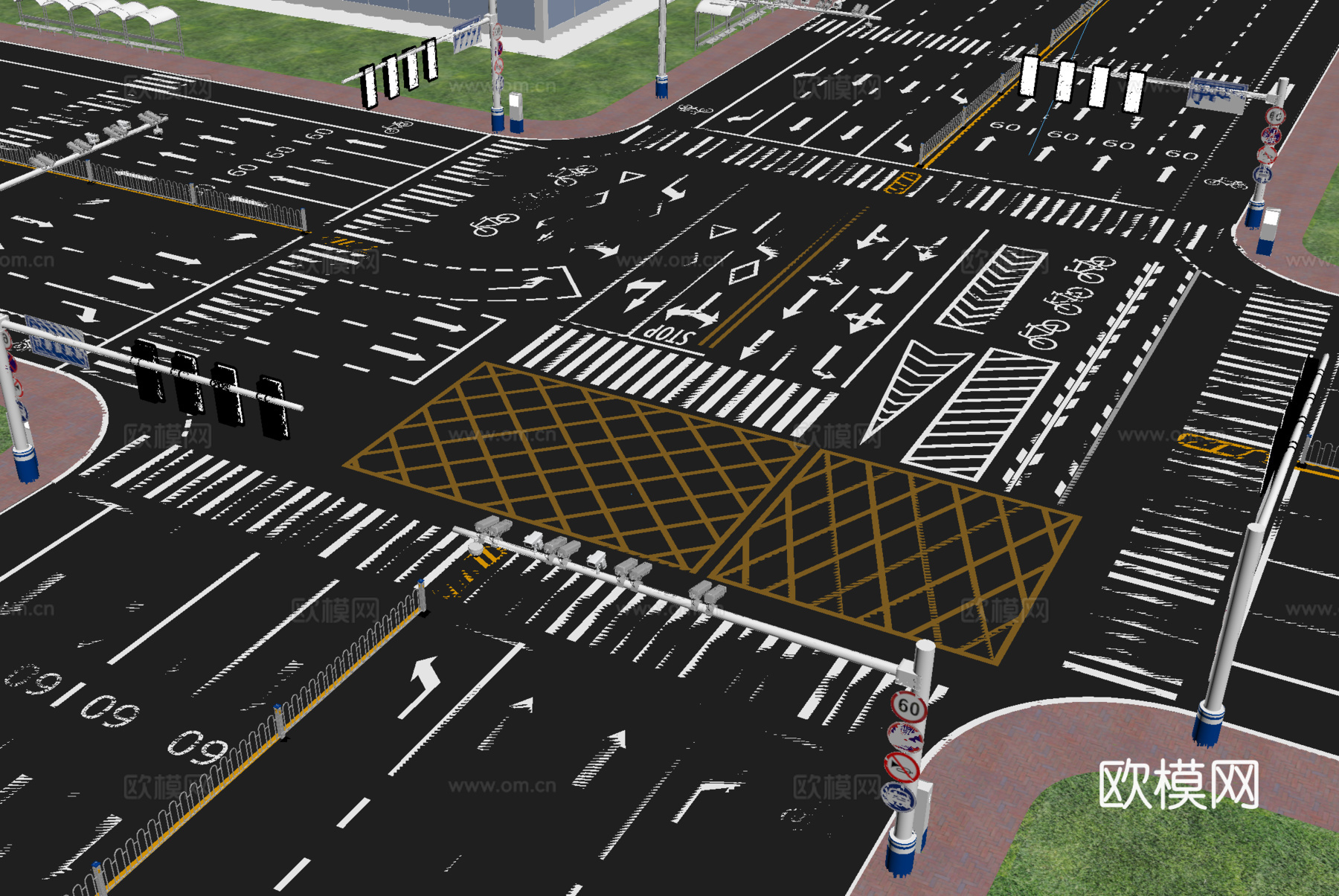 现代道路 市政道路标识划线 斑马线箭头 公路标准段 马路车道su模型