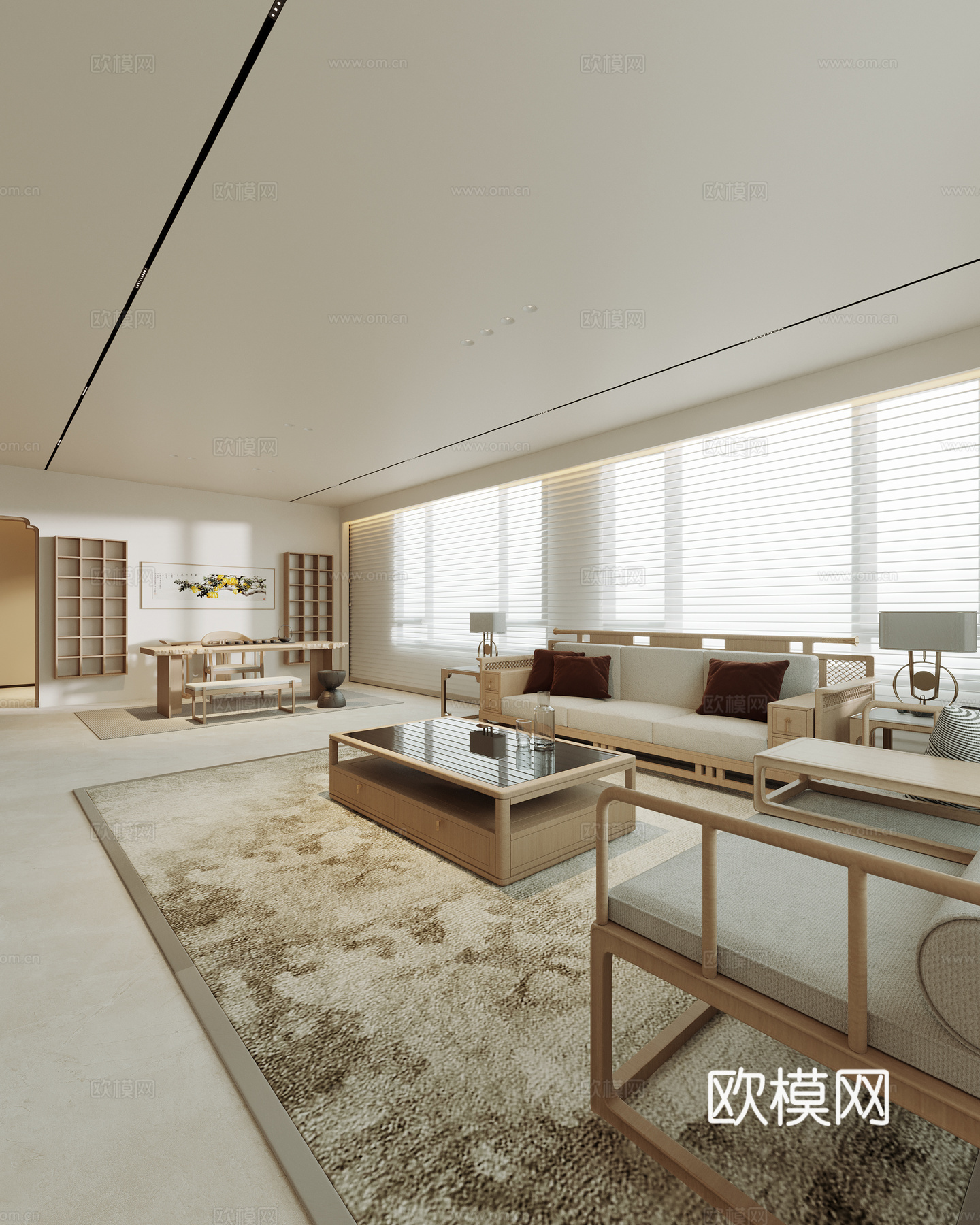 极简中式别墅客餐厅 茶室 楼梯扶手 木质圆形餐桌 木质沙发茶su模型