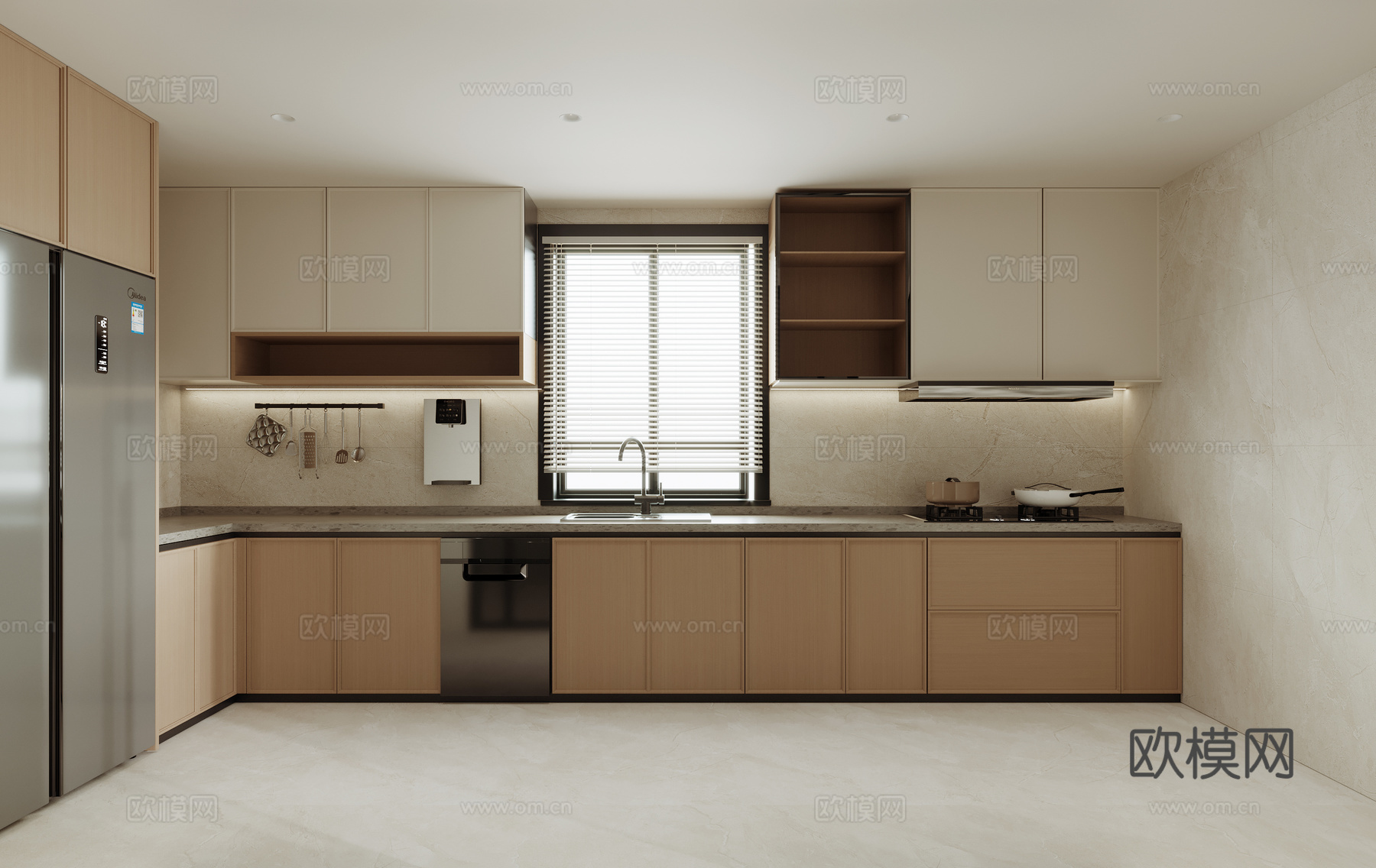 新中式厨房 冰箱 L形橱柜 直饮机 煤气灶 洗碗机 封闭式厨su模型