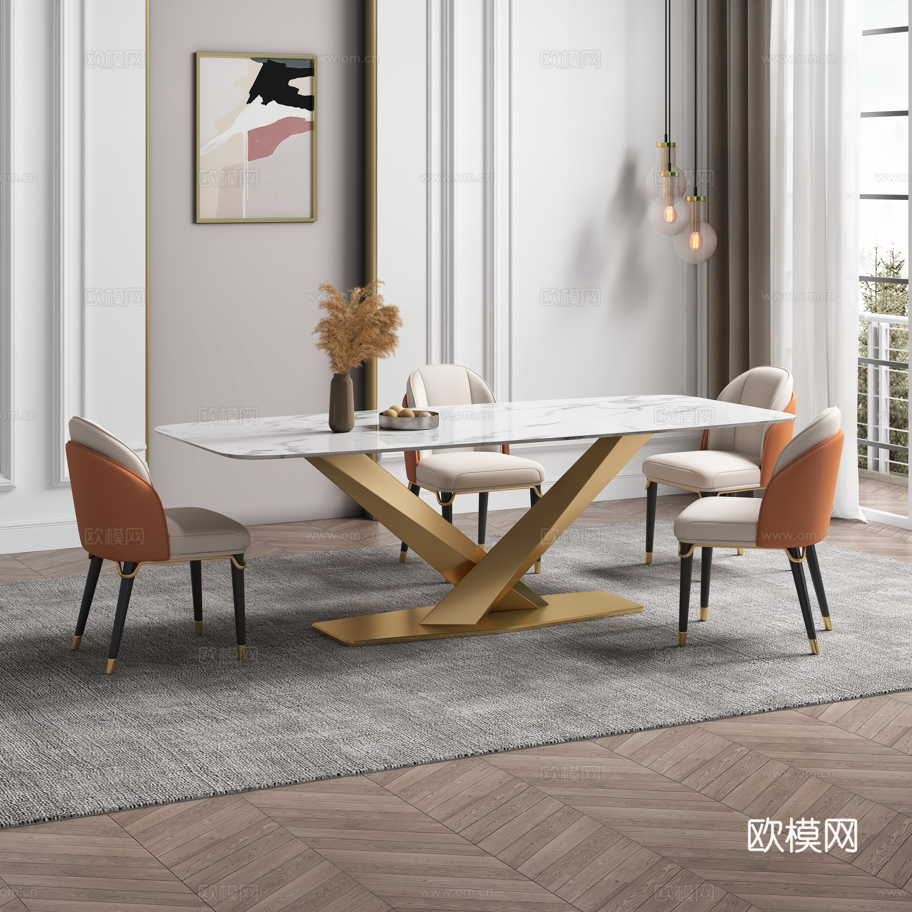 意式，轻奢，餐桌椅3d模型下载