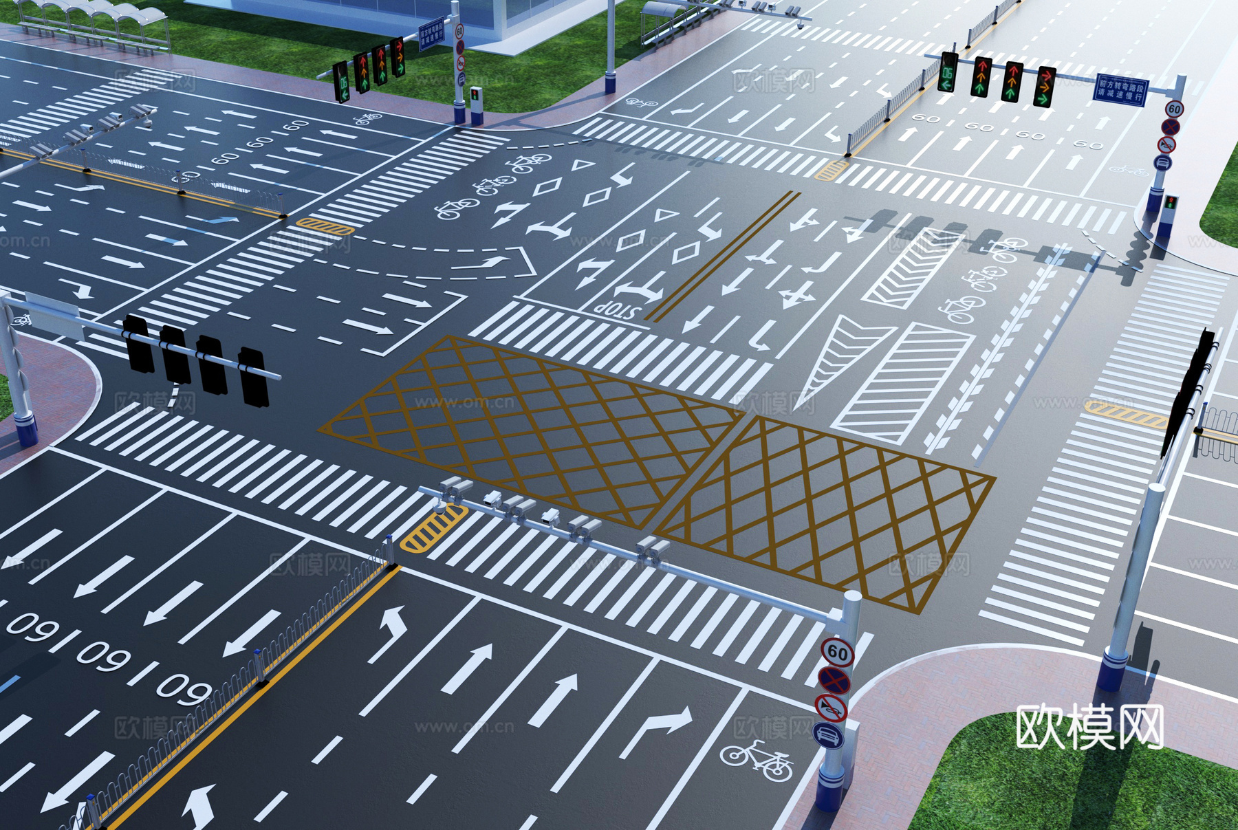 现代道路 市政道路标识划线 斑马线箭头 公路标准段 马路车道su模型