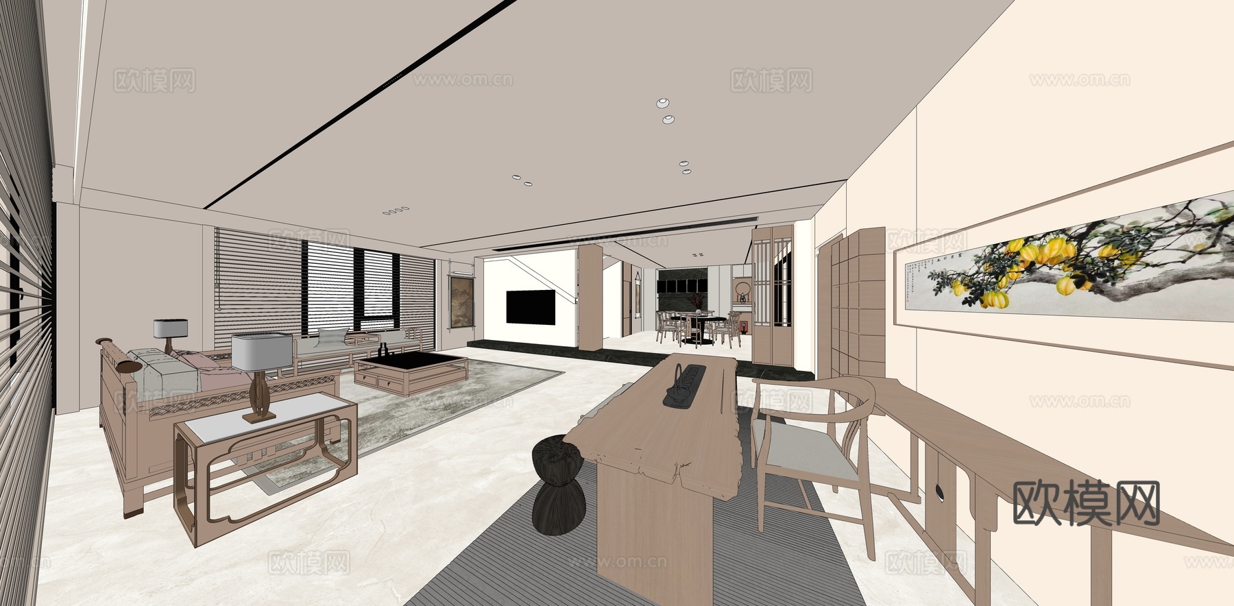 极简中式别墅客餐厅 茶室 楼梯扶手 木质圆形餐桌 木质沙发茶su模型