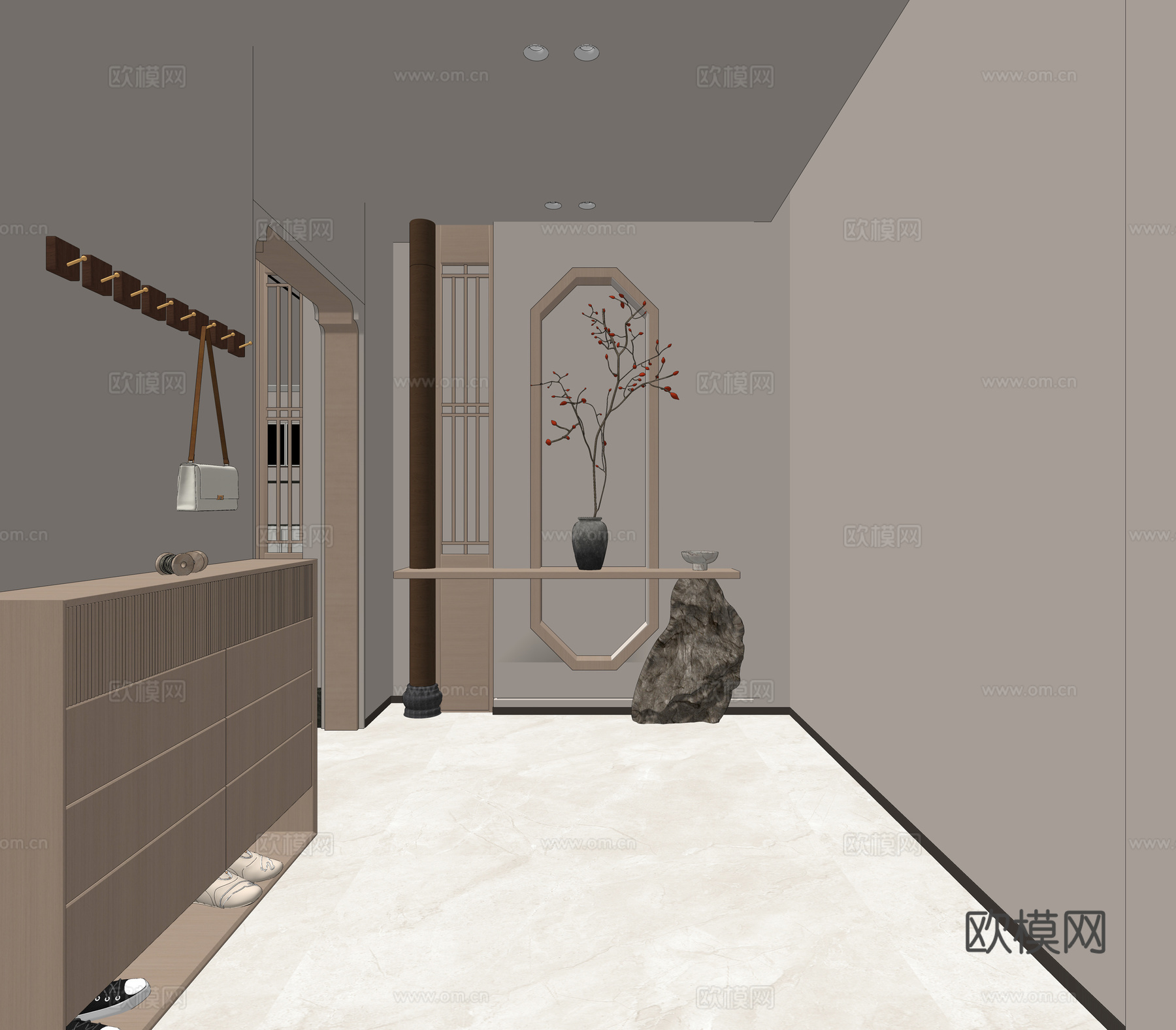 中式玄关 宋式隔断 鞋柜 端景台造景su模型