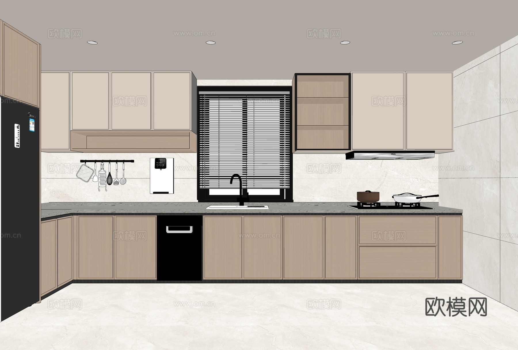 新中式厨房 冰箱 L形橱柜 直饮机 煤气灶 洗碗机 封闭式厨su模型