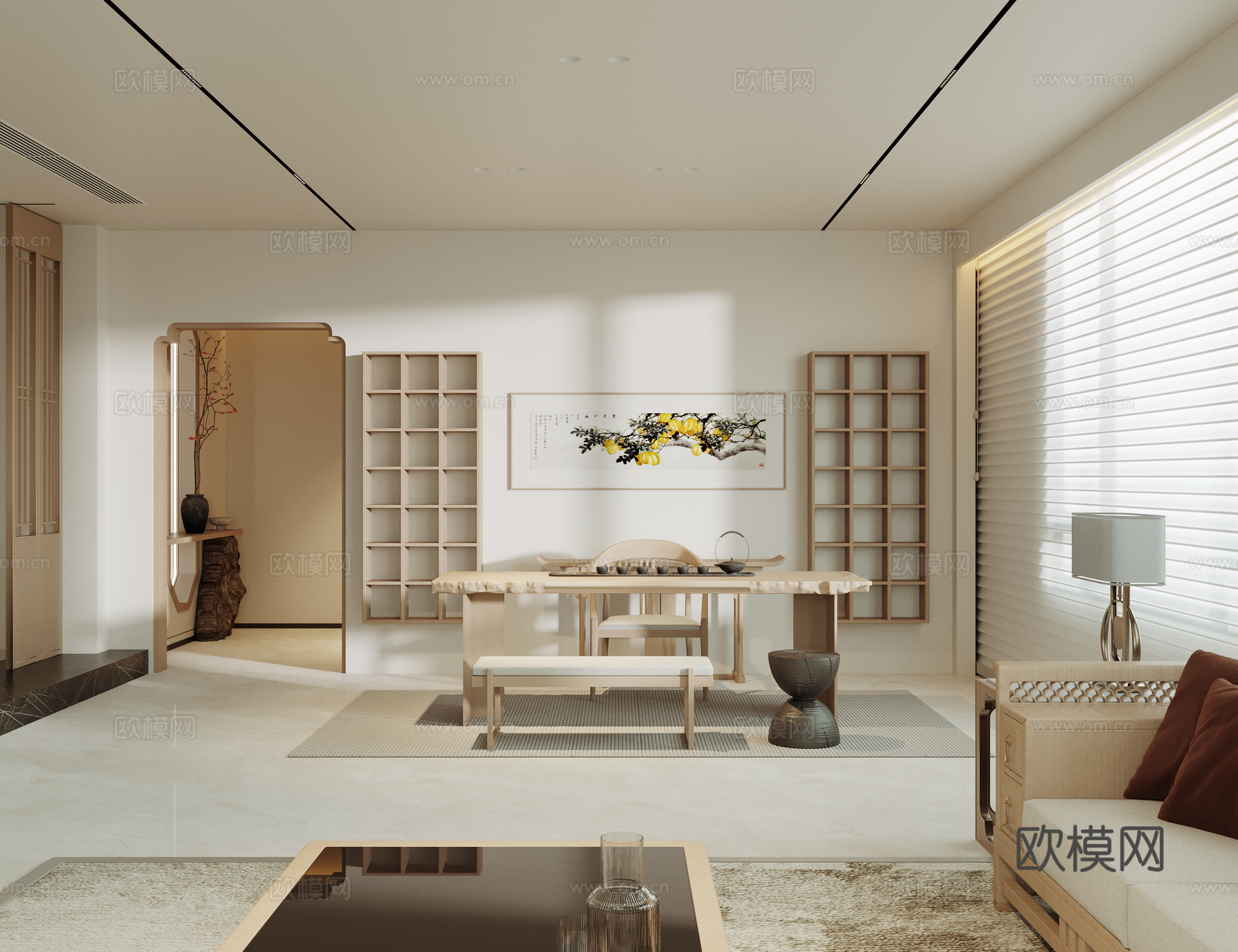 极简中式别墅客餐厅 茶室 楼梯扶手 木质圆形餐桌 木质沙发茶su模型