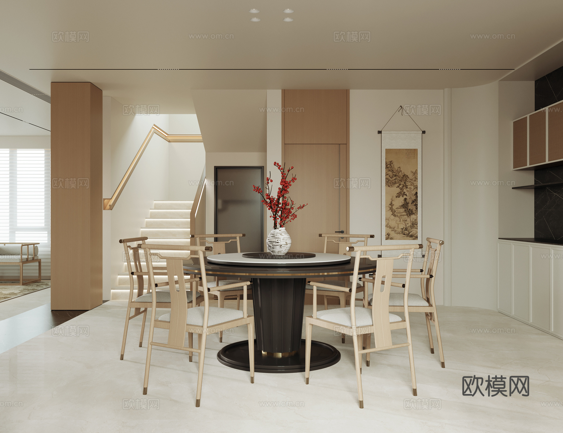 极简中式别墅客餐厅 茶室 楼梯扶手 木质圆形餐桌 木质沙发茶su模型