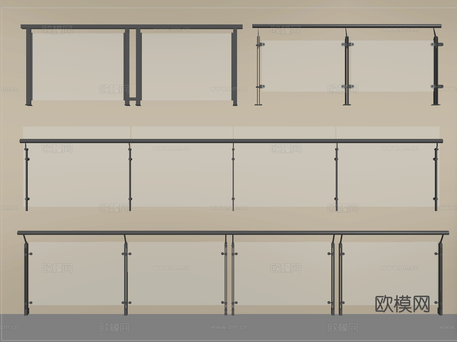 现代玻璃栏杆 玻璃护栏 玻璃围栏 阳台护栏su模型