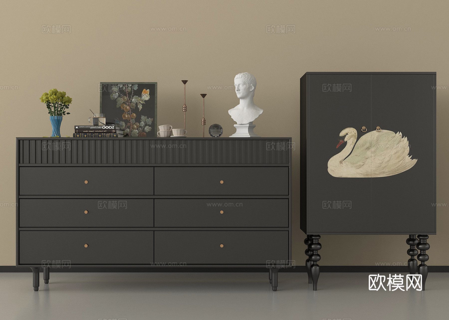 美式玄关柜 边柜 斗柜 装饰柜 摆件3d模型下载