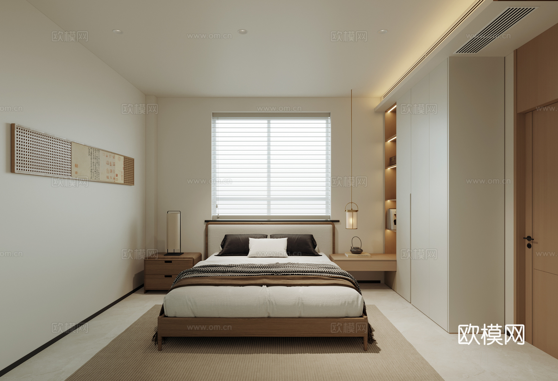 宋式卧室 装饰挂画 窗帘 衣柜 床头柜 木质床su模型