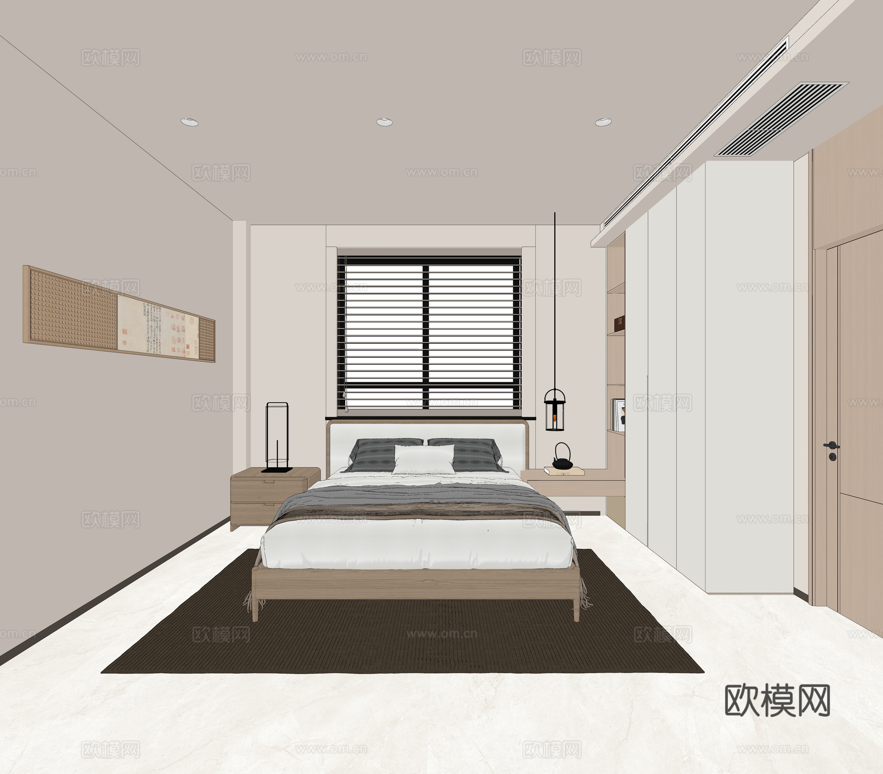 宋式卧室 装饰挂画 窗帘 衣柜 床头柜 木质床su模型