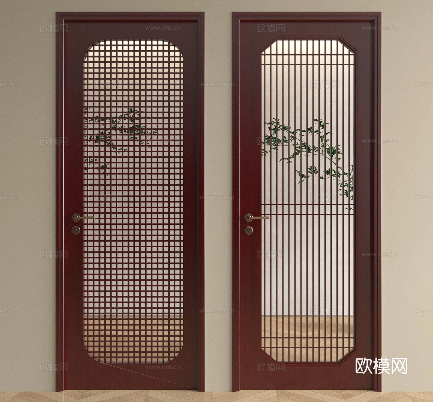 新中式门 格栅门 玻璃门 平开门su模型