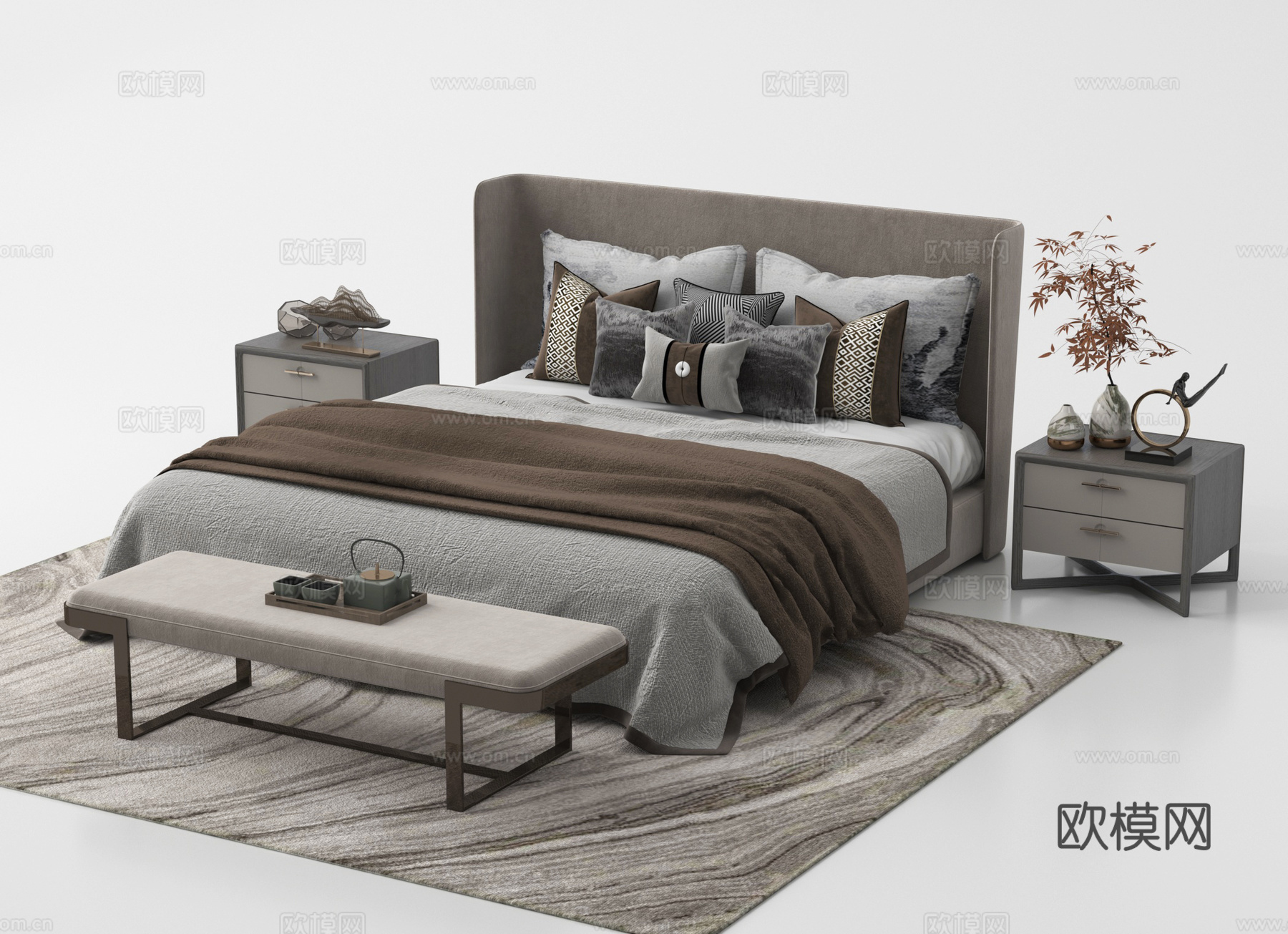 现代双人床 床头柜su模型