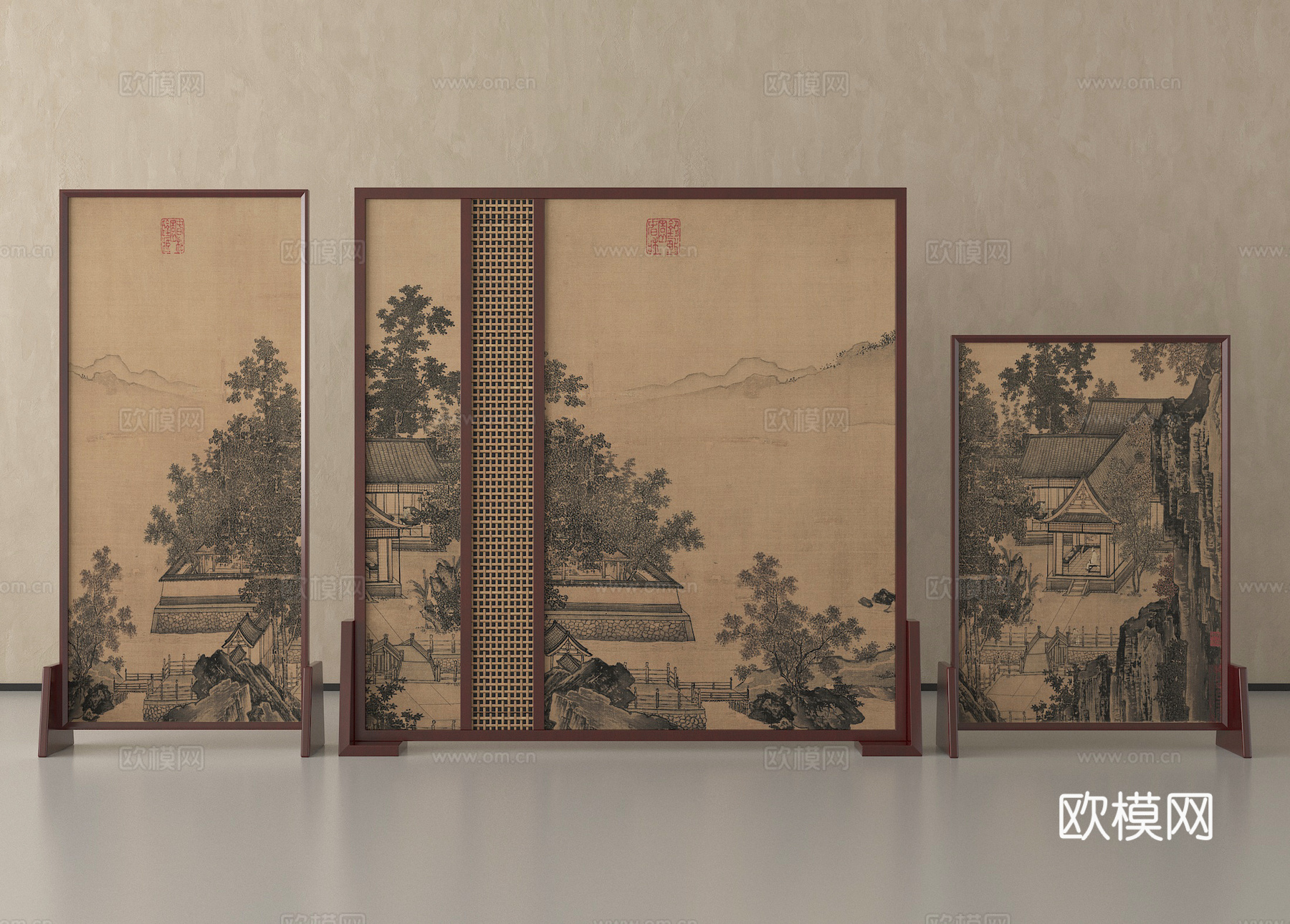 新中式屏风隔断 宋式风隔断su模型