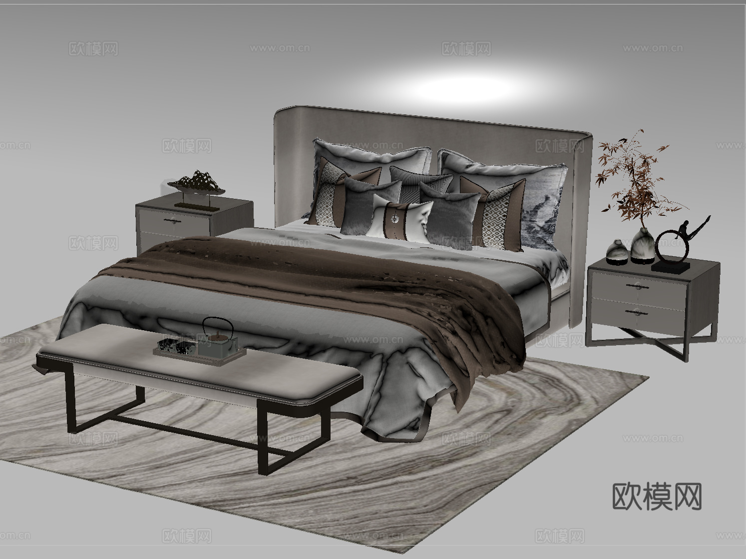 现代双人床 床头柜su模型